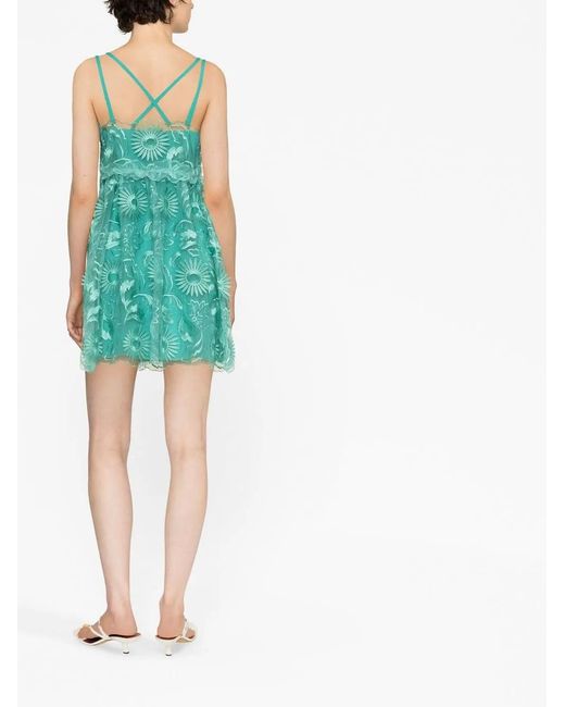 Alberta Ferretti Blue Floral-Embroidered Ruffled Mini Dress