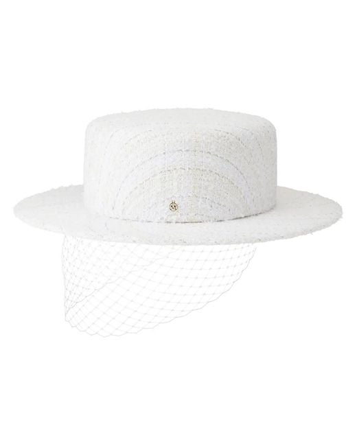 Maison Michel White Kiki Veil-Detail Tweed Hat