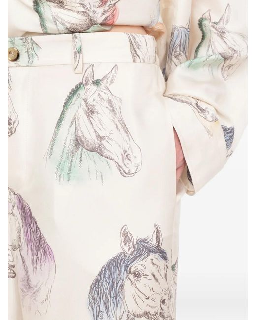 Moschino White Horse-Print Silk Trousers