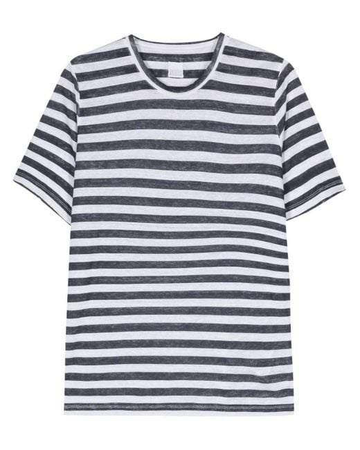 120% Lino Blue Linen Striped T-shirt for men