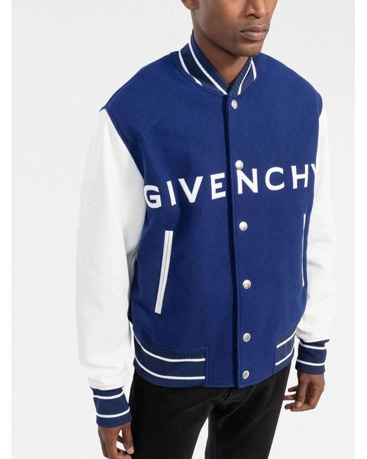 Givenchy Blue Logo-Detail Leather-Sleeve Varsity Jacket for men