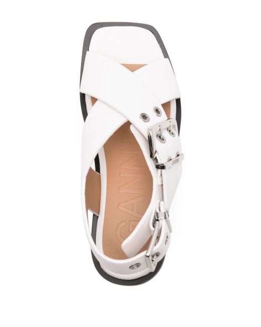 Ganni Buckle-fastening Crossover Sandals in het White
