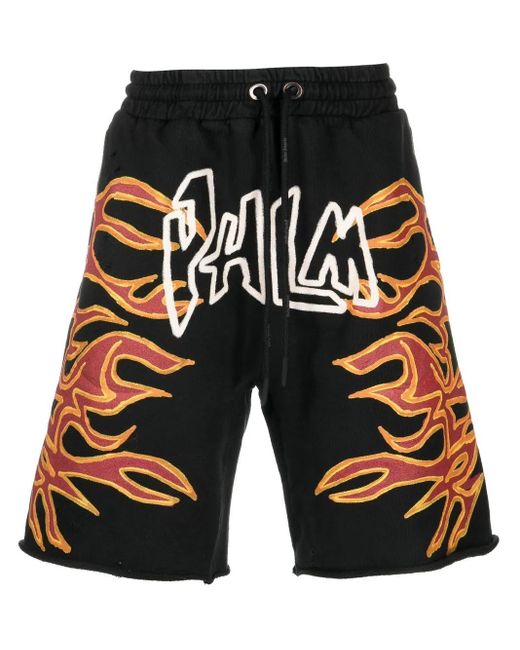 Palm Angels Black Graffiti Flames Logo-Print Shorts for men