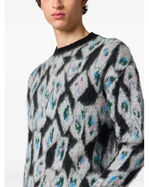 MSGM Gray Geometric-Pattern Mohair-Blend Sweater for men