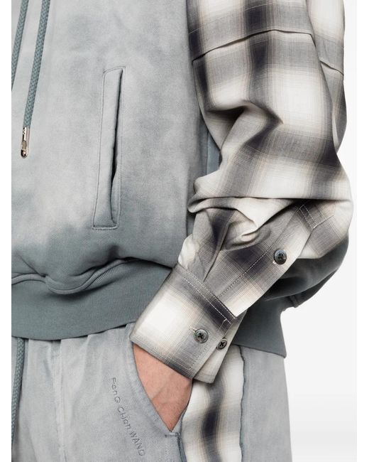 Feng Chen Wang Gray Check-Pattern-Sleeve Hoodie