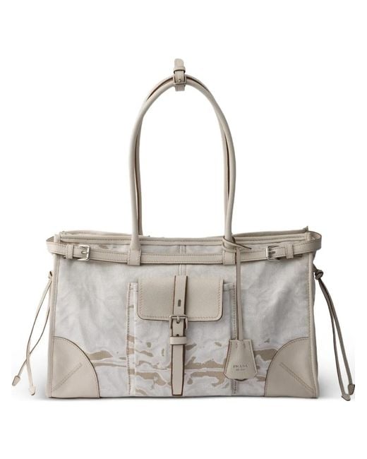 Prada Metallic Bonnie Large Printed Linen And Leather Handbag
