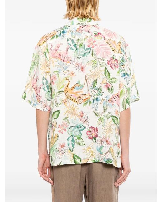 120% Lino White Floral-Print Shirt for men