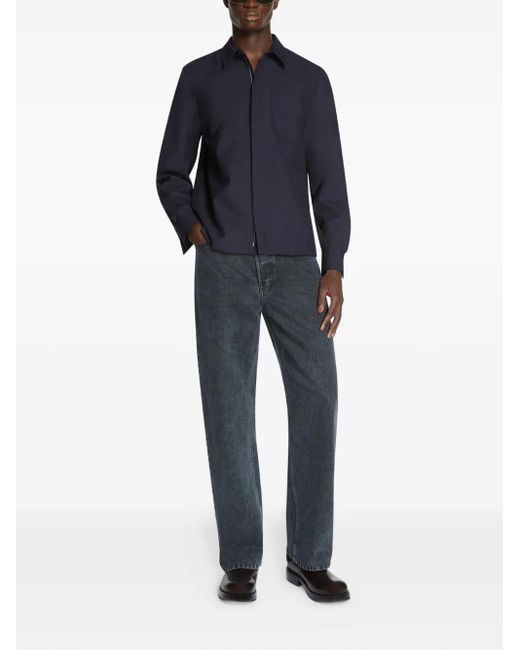Dries Van Noten Blue Zip-Up Patch-Pocket Shirt for men
