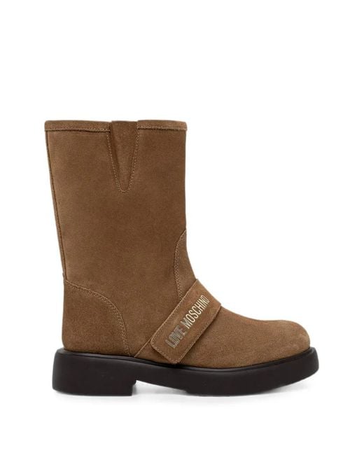 Love Moschino Brown Logo-Lettering Touch-Strap Boots