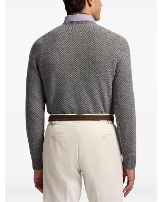 Ralph Lauren Gray Herringbone-Pattern Crew-Neck Sweater for men