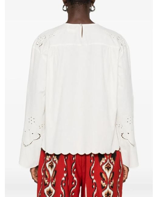 Forte_forte White Embroidered Scalloped-Hem Blouse