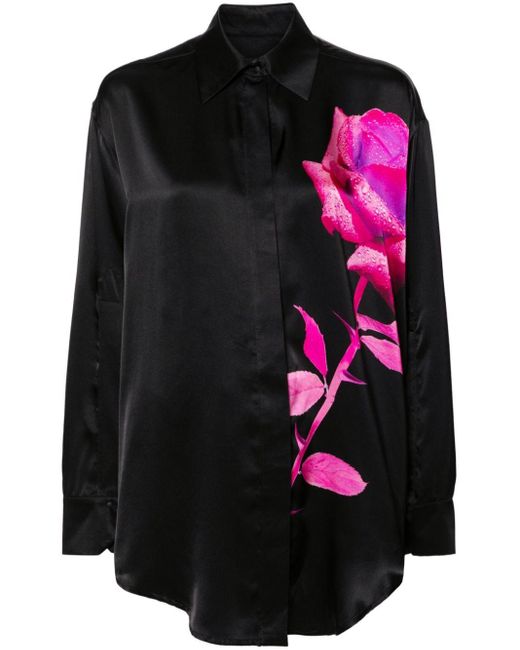 David Koma Black Rose-print Satin Shirt