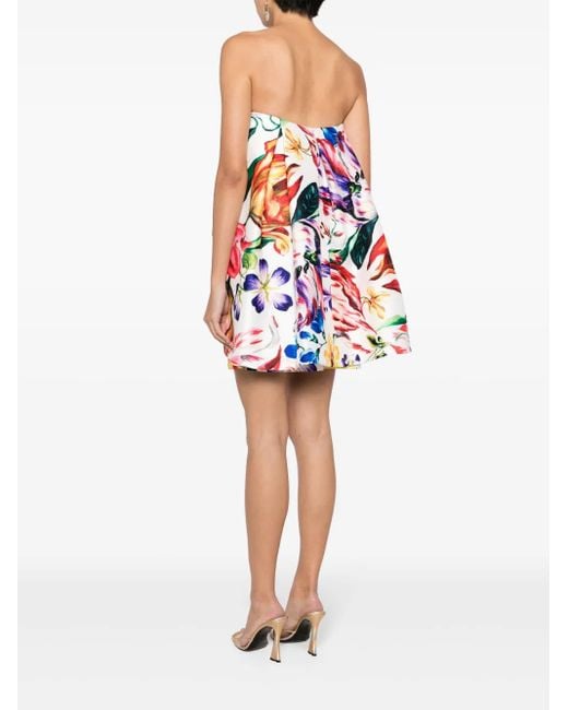 Marchesa Blue Mikado Floral-Print Mini Dress