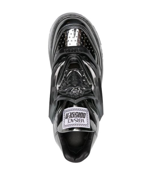 Versace Black Odissea Laminated Leather Sneakers for men