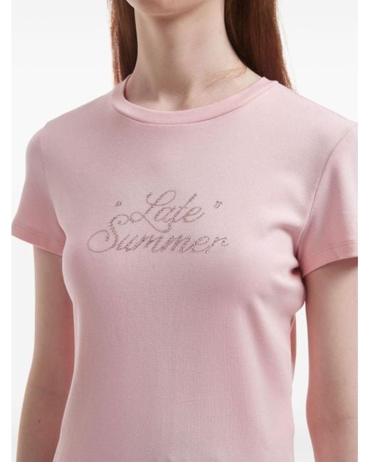 B+ AB Pink Rhinestone-slogan Crew-neck T-shirt