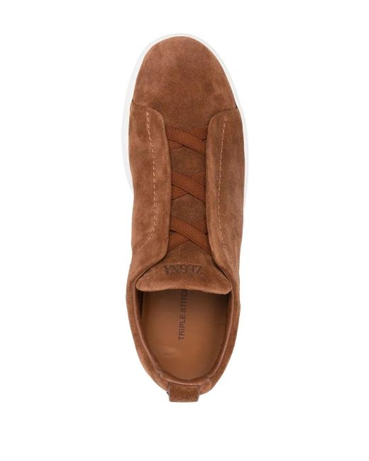 Zegna Brown Triple Stitch Suede Sneakers for men