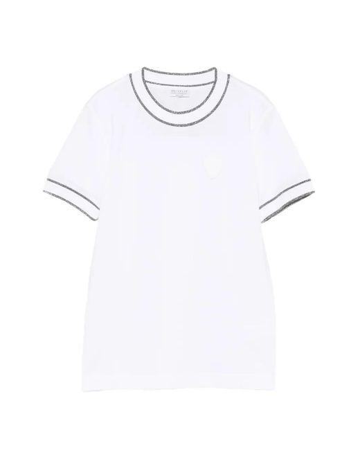 Brunello Cucinelli White Logo-Patch Contrast-Trim T-Shirt