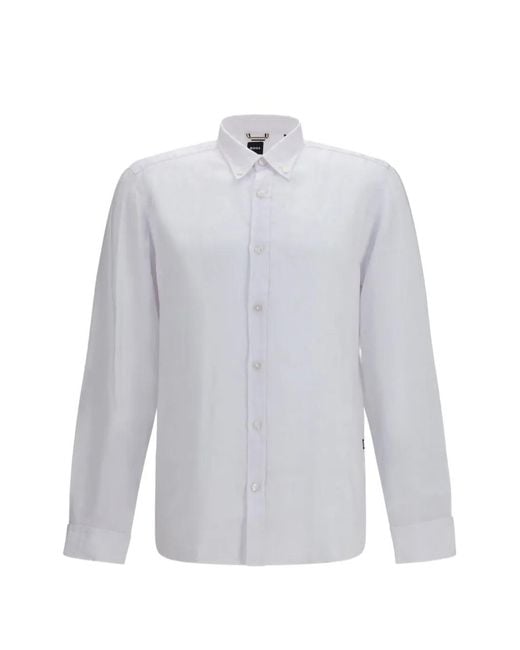 Boss White Button-Down Linen Shirt for men