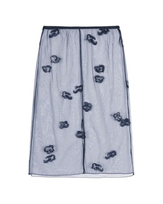 JNBY Blue Embroidered Mesh-Overlay Midi Skirt