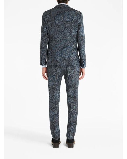 Etro Blue Single-Breasted Floral-Print Jacket for men