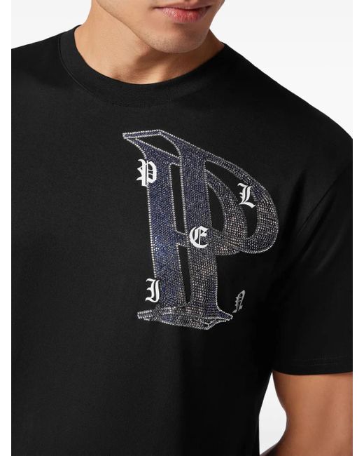 Philipp Plein Black Rhinestone-Embellished Cotton T-Shirt for men