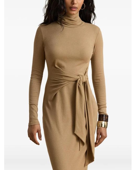 Ralph Lauren Natural Tie-Front Turtleneck Midi Dress