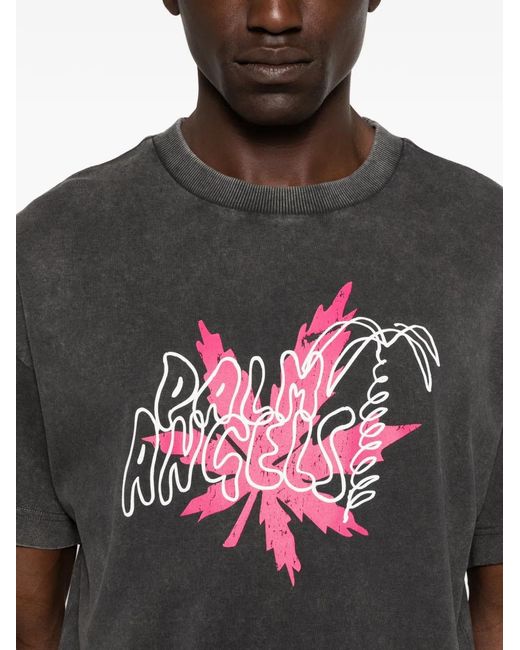 Palm Angels Gray Logo-Print Faded-Effect T-Shirt for men