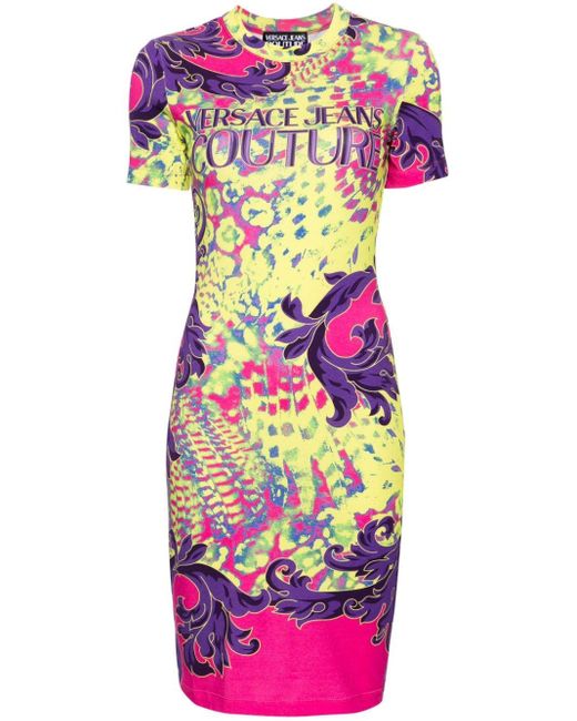 Versace Pink Animalier Graphic-print Midi Dress