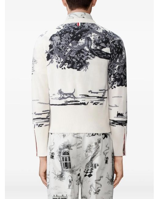 Thom Browne White Intarsia Cashmere Cardigan for men