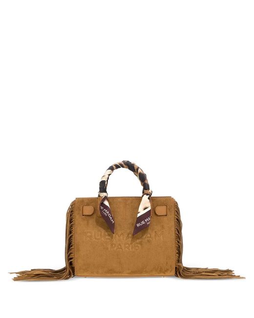 RUE MADAM PARIS Brown Canyon Fringe-Trim Logo-Embossed Tote Bag