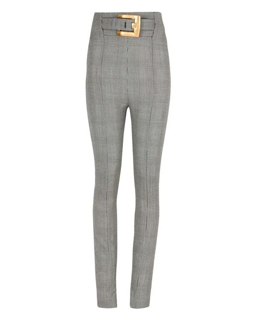 Balmain Gray Check-Pattern Belted Trousers