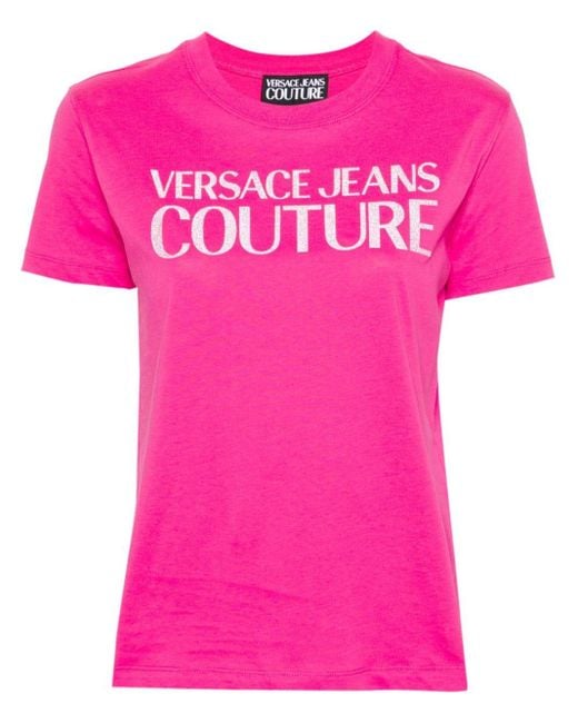 T-shirt en coton à logo pailleté Versace en coloris Pink