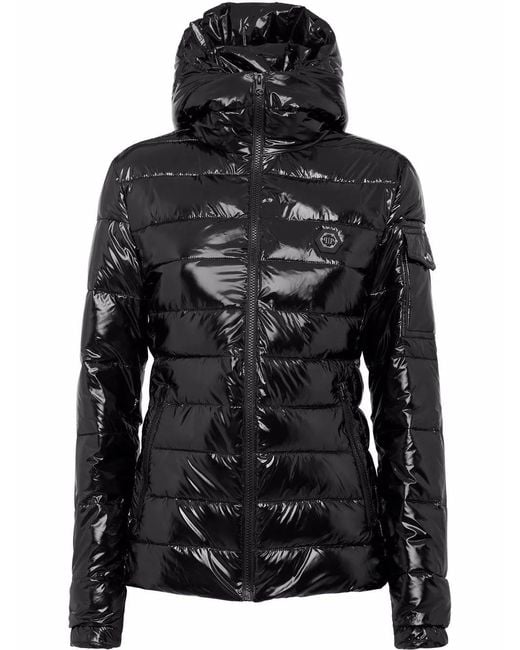 Philipp Plein Black High-Shine Hooded Down Jacket