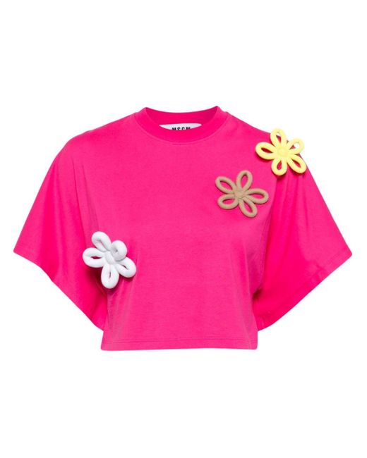 MSGM Pink Floral-appliqué Cotton T-shirt