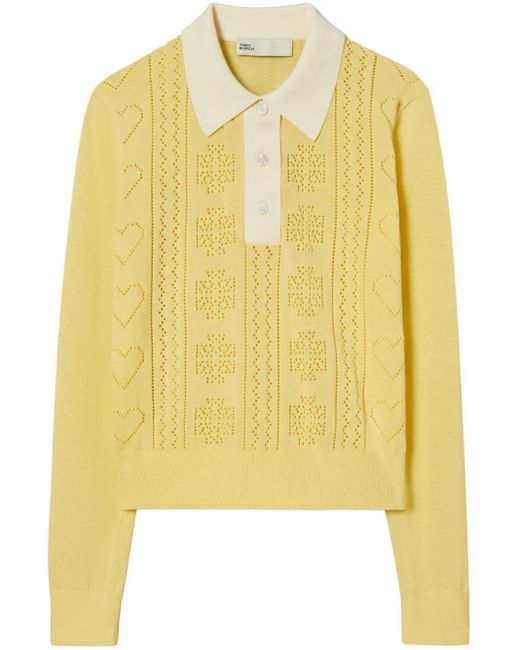 Tory Burch Yellow Contrasting-trim Pointelle-knit Top