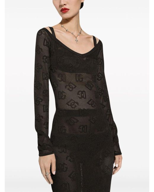Vestido largo con logo en jacquard Dolce & Gabbana de color Black