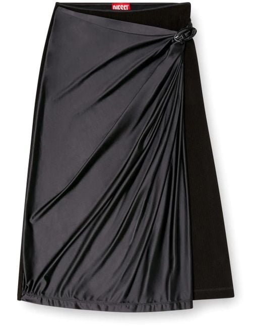 DIESEL Black Draped Midi Skirt With Chintz Finish