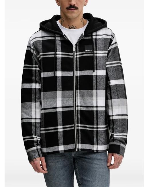 Karl Lagerfeld Gray Hooded Checked Cotton Jacket for men