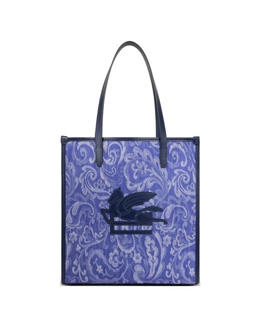 Etro Blue Medium Love Trotter Jacquard Appliqué Tote Bag