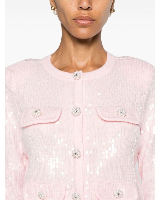 Self-Portrait Pink Sequin-embellished Ribbed-knit Cardigan