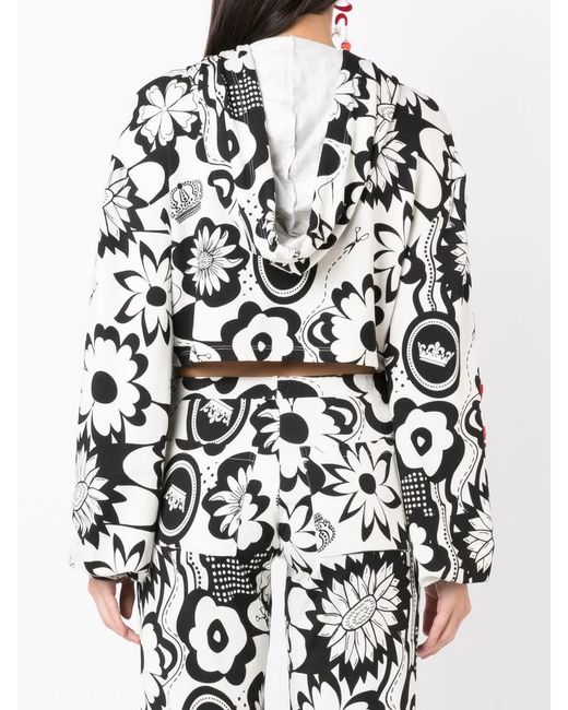 Amir Slama Black Floral-Print Cropped Hoodie