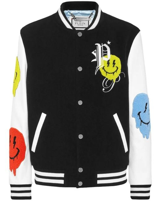 Philipp Plein Black Smile-Appliqué Varsity Jacket for men