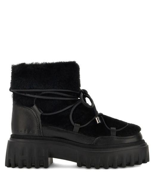 Hogan Black Fur-Trimmed Ankle Boots