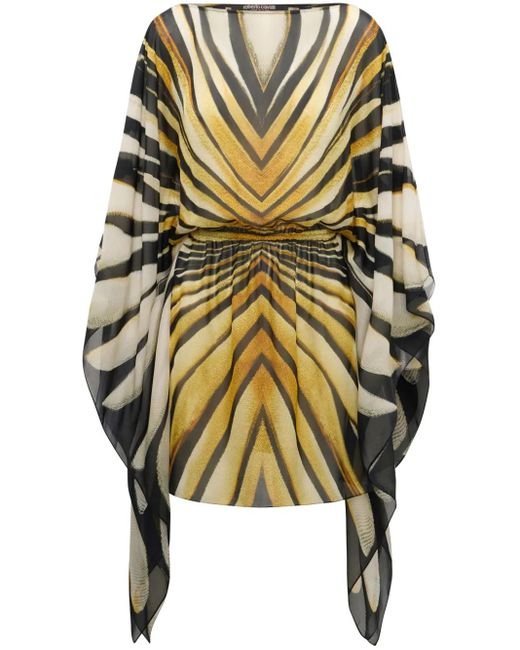 Roberto Cavalli Metallic Ray Of Print Chiffon Silk Dress
