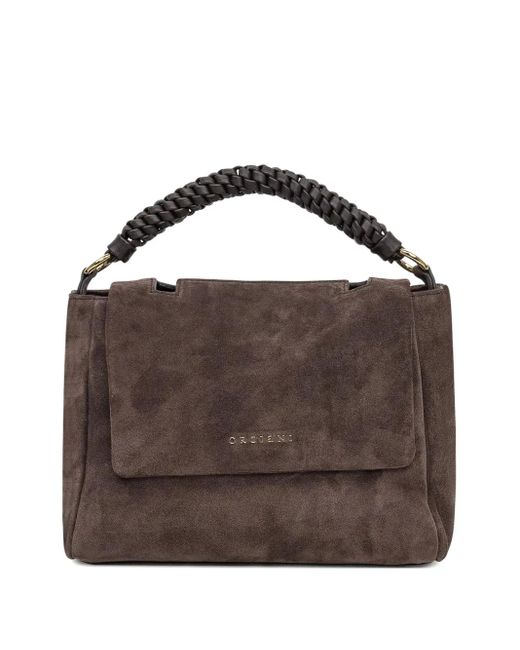 Orciani Brown Kleiner Sveva Peach Wildleder-Tote Bag mit Flechtgriff