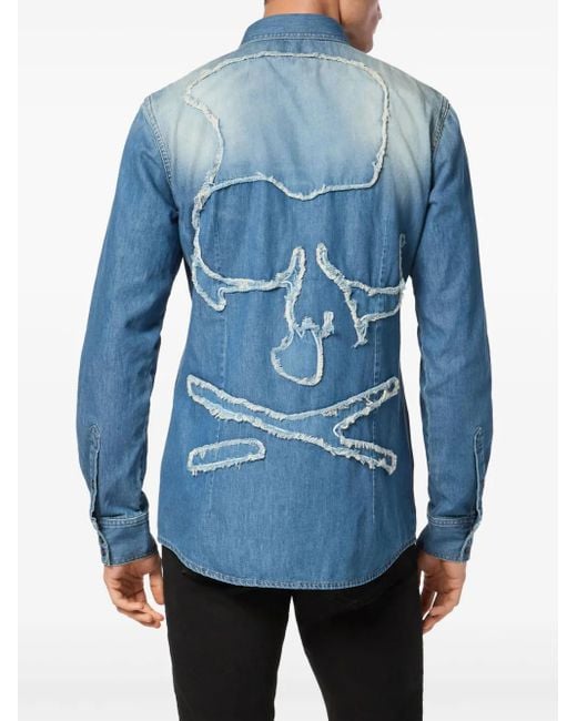 Philipp Plein Blue Skull-Appliqué Shirt for men