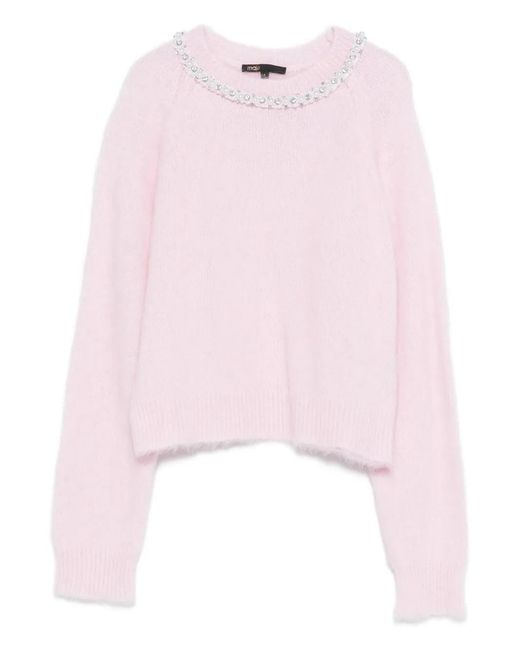 Maje Pink Beaded-Collar Round-Neck Sweater