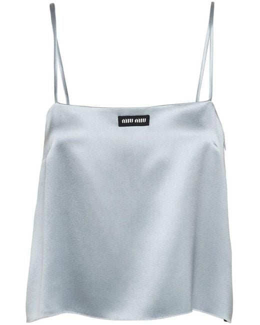 Miu Miu Blue Logo-Patch Cropped Satin Top