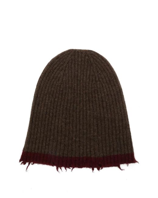 Uma Wang Brown Ribbed Frayed-Edge Beanie Hat for men