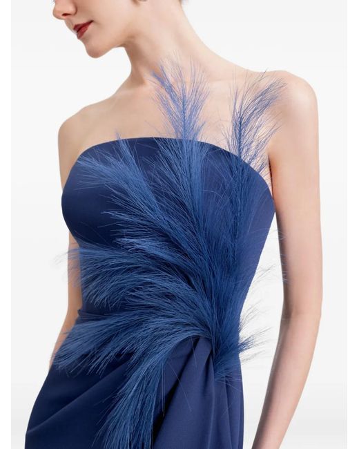 Gemy Maalouf Blue Feather-Detail Draped Maxi Dress